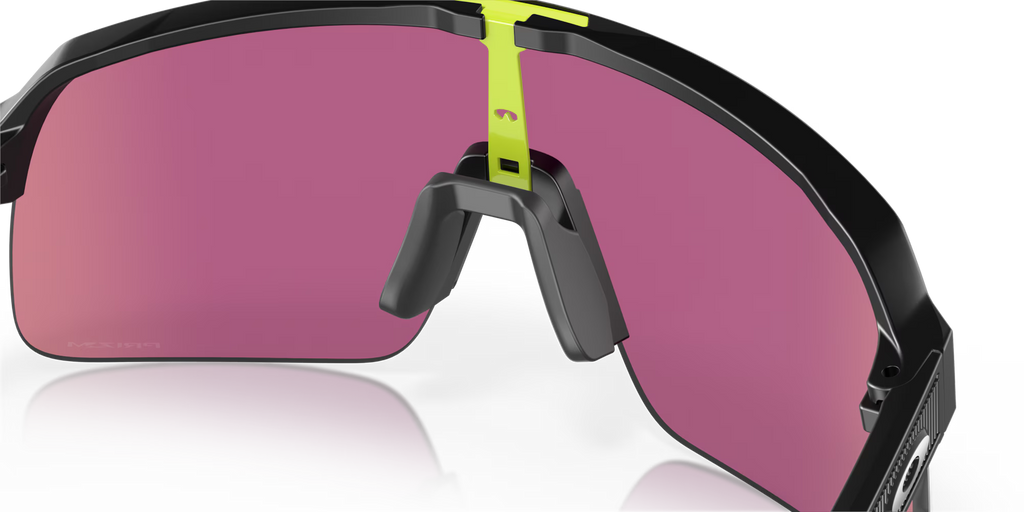 Oakley Sutro Lite Matte Black Prizm Road Jade sunglasses, three-quarter interior view showing the black frame and nose pads.
