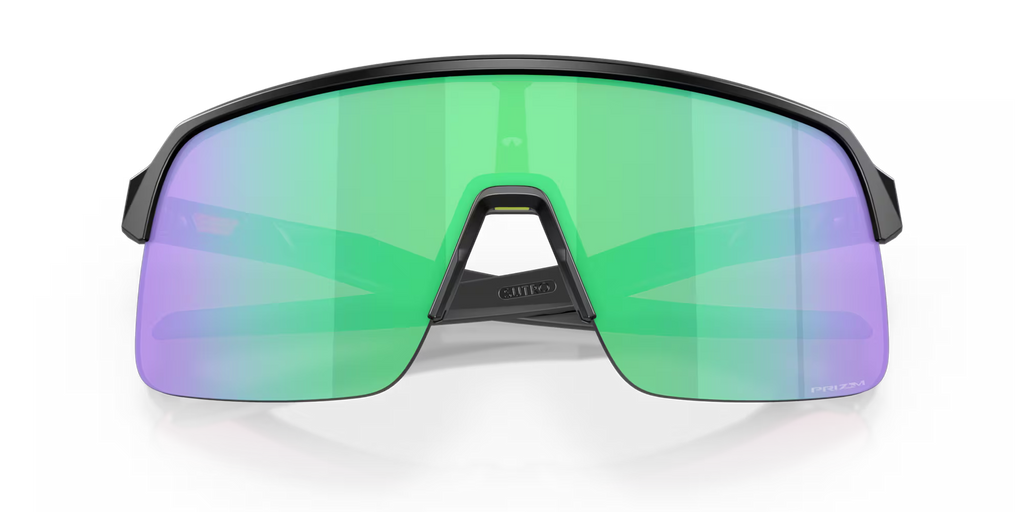 Oakley Sutro Lite Matte Black Prizm Road Jade sports sunglasses, front view with crossed black temples visible through the lenses.