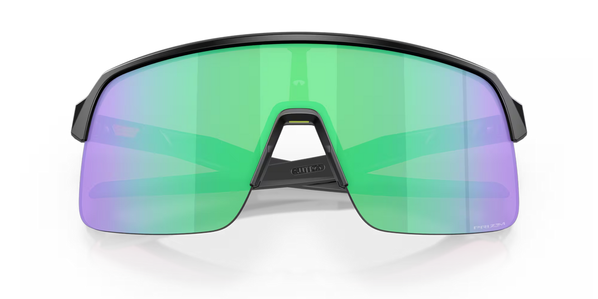 Oakley Sutro Lite Matte Black Prizm Road Jade sports sunglasses, front view with crossed black temples visible through the lenses.