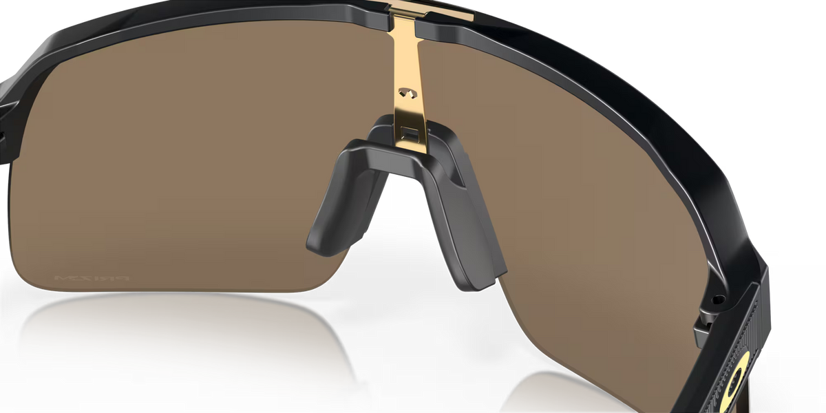 Oakley Sutro Lite Matte Carbon Prizm 24K sunglasses, three-quarter interior view showing the carbon-grey frame and nose pads.