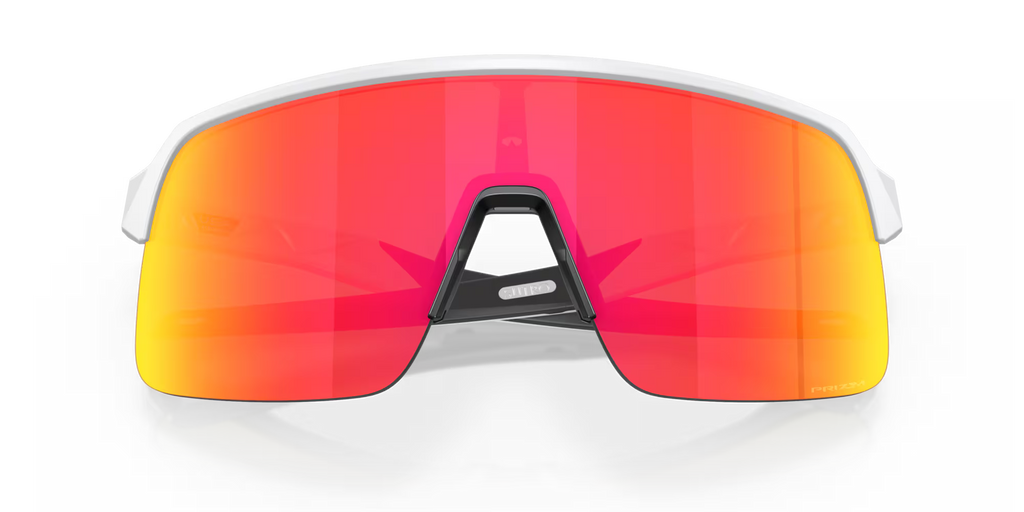 Oakley Sutro Lite S Matte White Prizm Ruby sport sunglasses, front view with crossed white temples visible through the red lenses.
