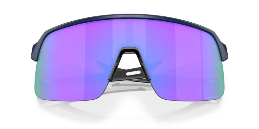 Oakley Sutro Lite Matte Navy Prizm Violet sports sunglasses, front view with crossed white temples visible through the violet lenses.