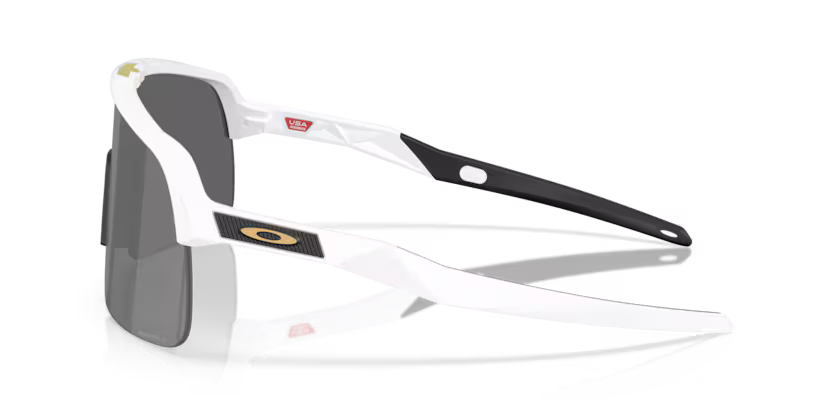 Occhiali da sole sportivi Oakley Sutro Lite Matte White Prizm Black, vista laterale con montatura bianca opaca e lenti scure.