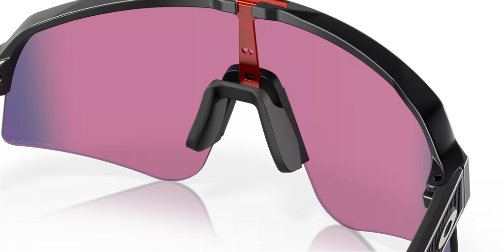 Oakley Sutro Lite Sweep Matte Black Prizm Road sunglasses, three-quarter interior view showing the black frame and nose pads.