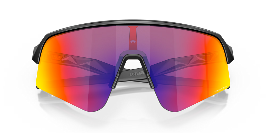 Oakley Sutro Lite Sweep Matte Black Prizm Road sports sunglasses, front view with crossed black temples visible through the lenses.
