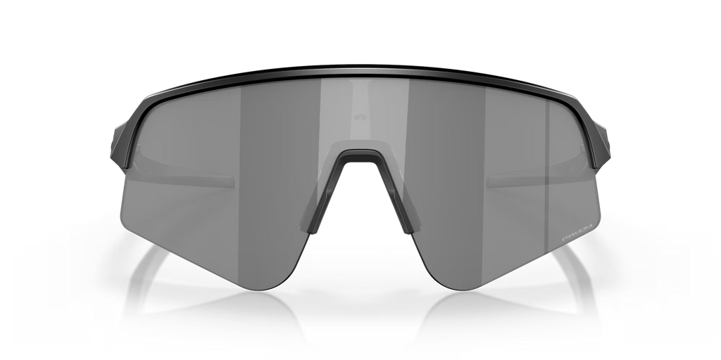 Oakley Sutro Lite Sweep Matte Black Prizm Black sports sunglasses, front view with crossed black temples visible through the dark lenses.