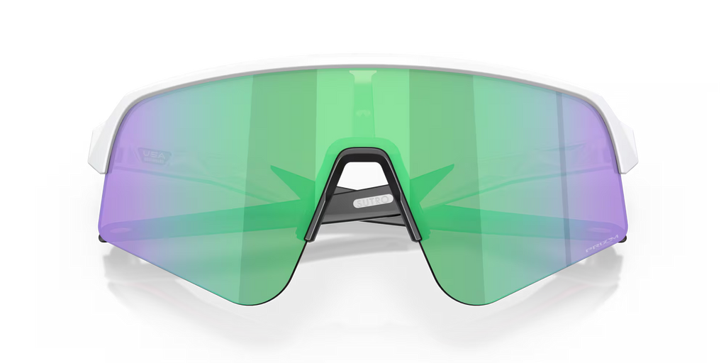 Oakley Sutro Lite Sweep Matte White Prizm Road Jade sports sunglasses, front view with crossed white temples visible through the lenses.