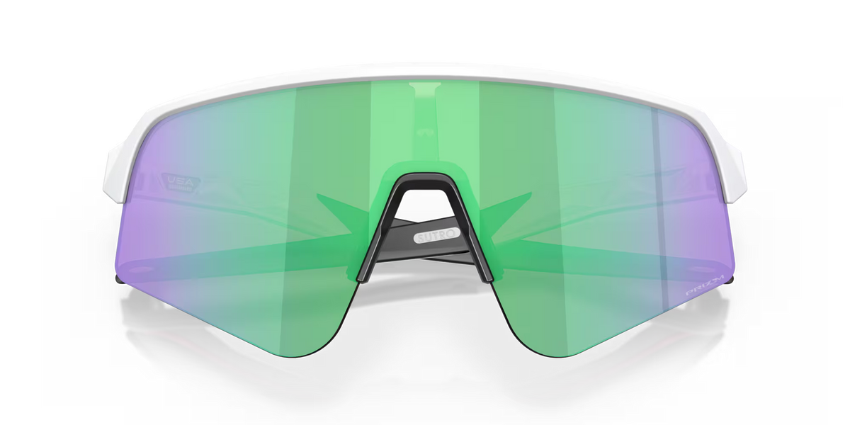 Oakley Sutro Lite Sweep Matte White Prizm Road Jade sports sunglasses, front view with crossed white temples visible through the lenses.