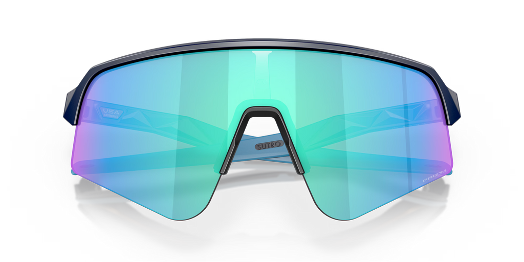 Oakley Sutro Lite Sweep Matte Navy Prizm Sapphire sports sunglasses, front view with crossed navy temples visible through the blue lenses.