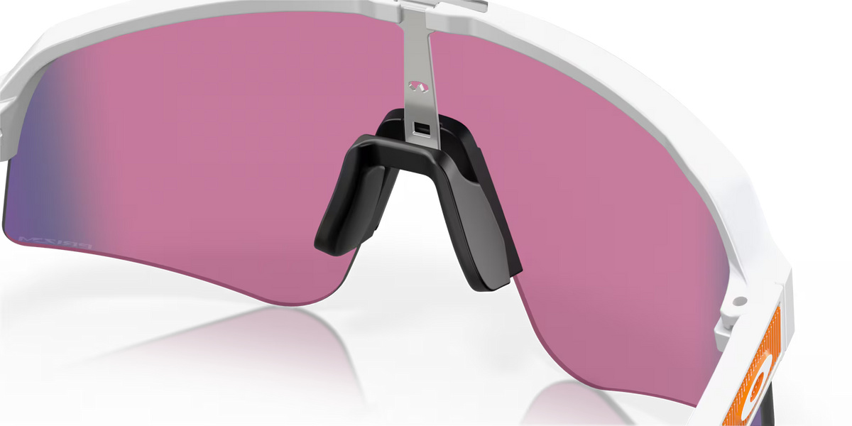 Oakley Sutro Lite Sweep Matte White Prizm Road sunglasses, upper right three-quarter view showing the inside of the frame and white temples