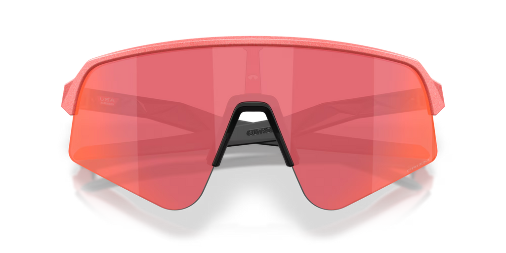 Oakley Sutro Lite Sweep Muted Metallic Paloma Prizm Trail Torch sports sunglasses, front view with a metallic pink pastel frame and rose-tinted lenses.