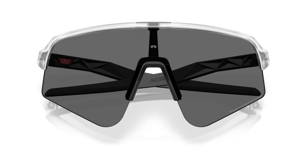 Oakley Sutro Lite Sweep Matte Clear Photochromic sports sunglasses, front view with with the darkest tint of the photochromic lens.